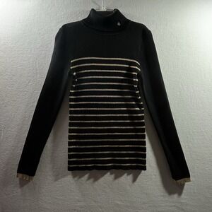 LRL Lauren Ralph Lauren Pullover Sweater M Black Gold Logo Turtleneck Metallic